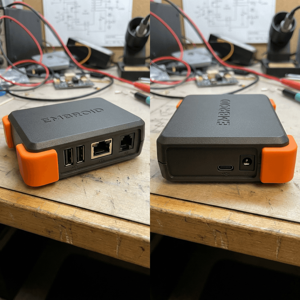 Embroid Basic hardware — front and back views of a compact node with orange bumpers, USB ports, and DC inlet.