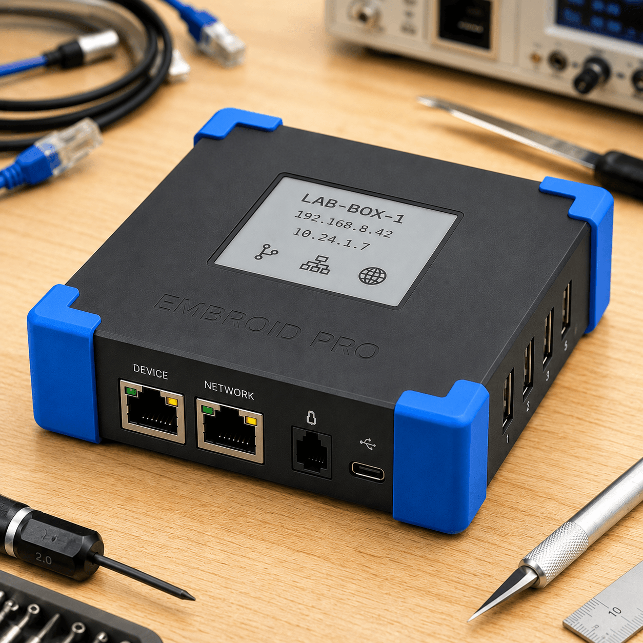 Embroid Pro hardware — black lab automation hub with blue corner bumpers, e-ink status display, Gigabit Ethernet ports, USB ports, and accessory connections.